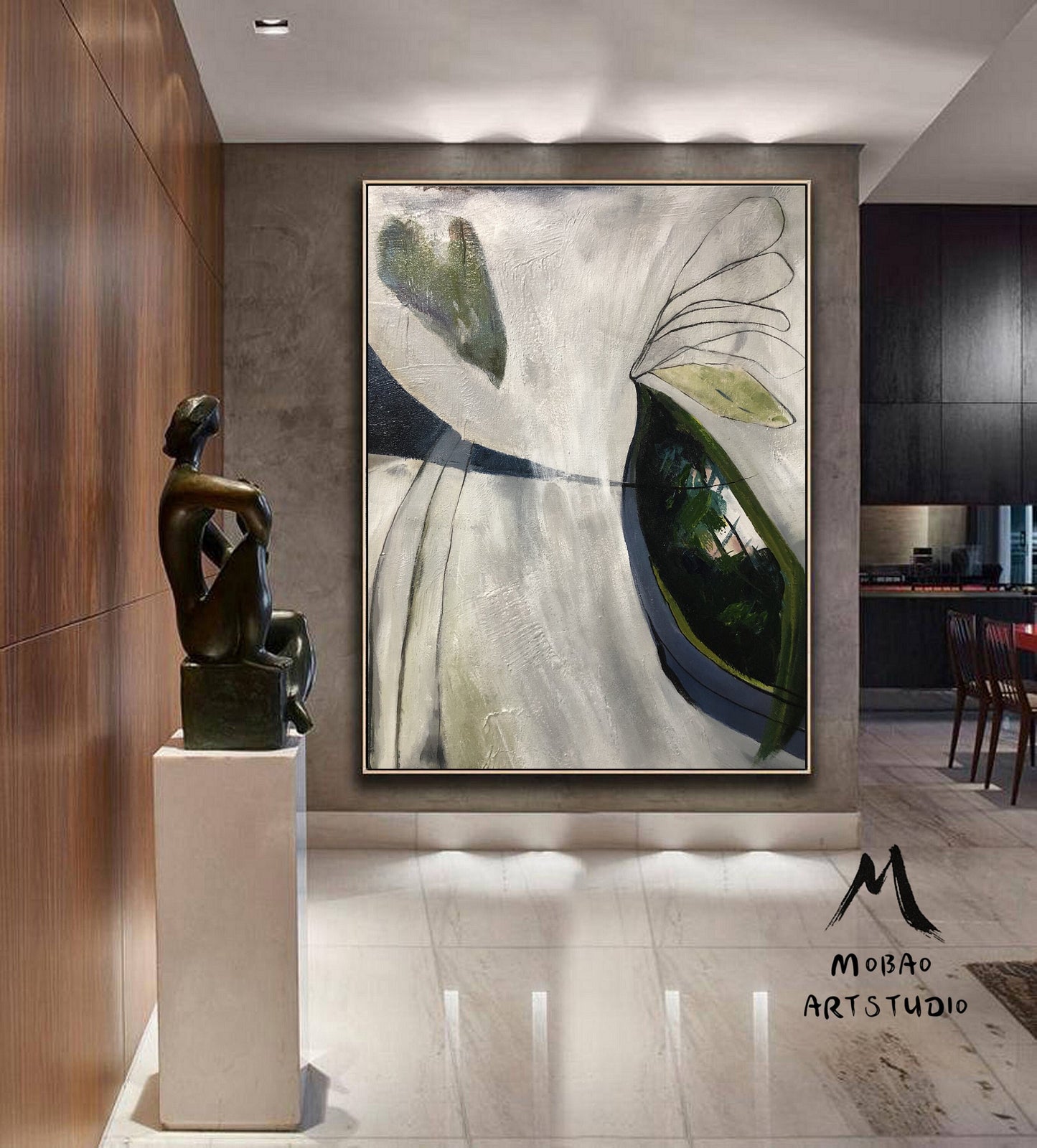 Large Minimalist Art Painting,Original Abstract Painting,Emerald Green Abstract Painting,Gray White Painting,Large Wall Canvas Painting