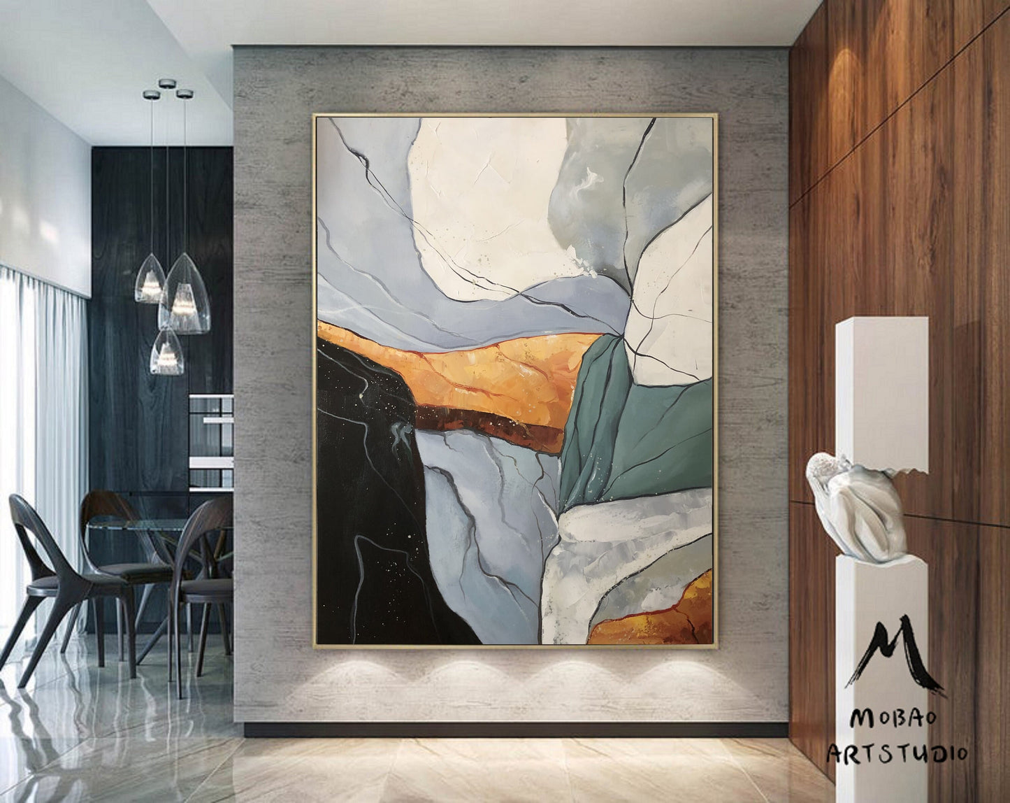 Large Original Abstract Painting, Gary Green Abstract Painting, Minimalist Abstract Painting, Gold Oil Painting, Large Living Room Sofa Art