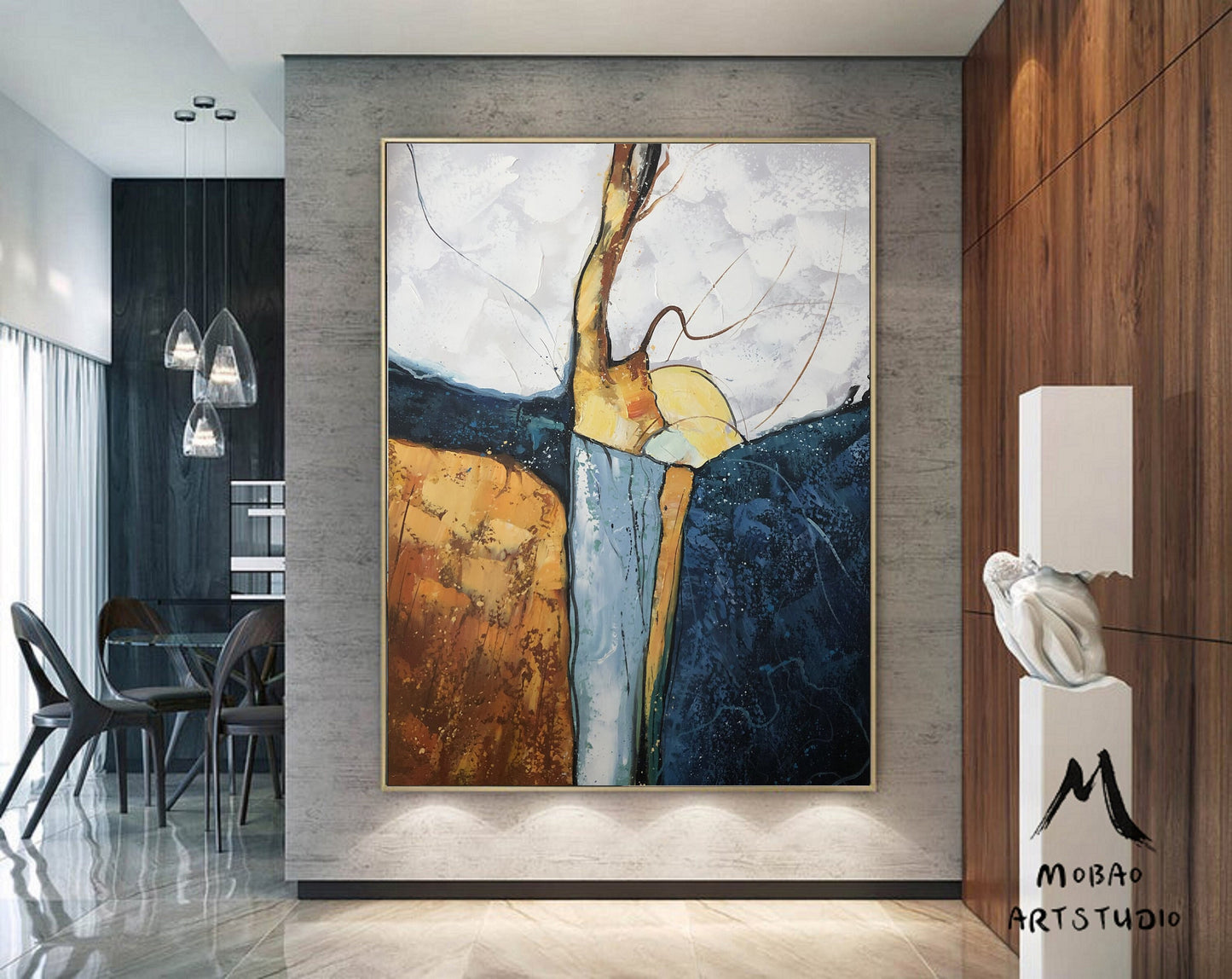 Large Abstract Painting,Dark Blue Painting Gold Painting, Minimalist Painting,Original Abstract Painting, Living Room Wall Art #Waterfall