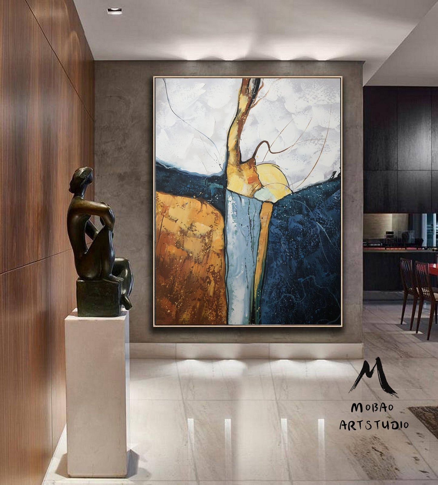 Large Abstract Painting,Dark Blue Painting Gold Painting, Minimalist Painting,Original Abstract Painting, Living Room Wall Art #Waterfall