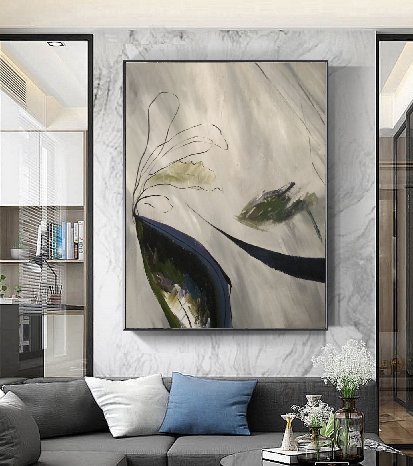 Large Minimalist Art Painting,Gray White Painting,Large Wall Canvas Painting, Original Abstract Painting,Emerald Green Abstract Painting