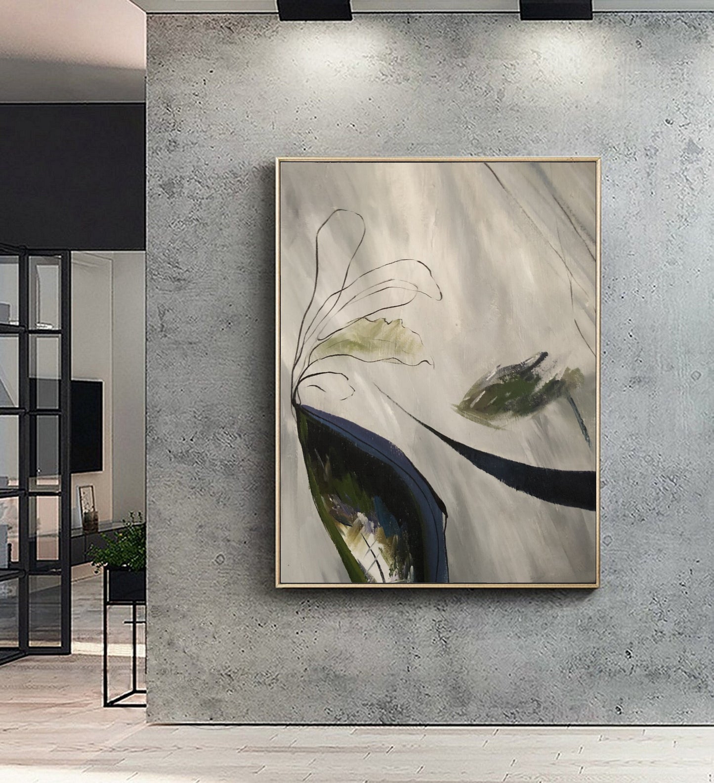 Large Minimalist Art Painting,Gray White Painting,Large Wall Canvas Painting, Original Abstract Painting,Emerald Green Abstract Painting