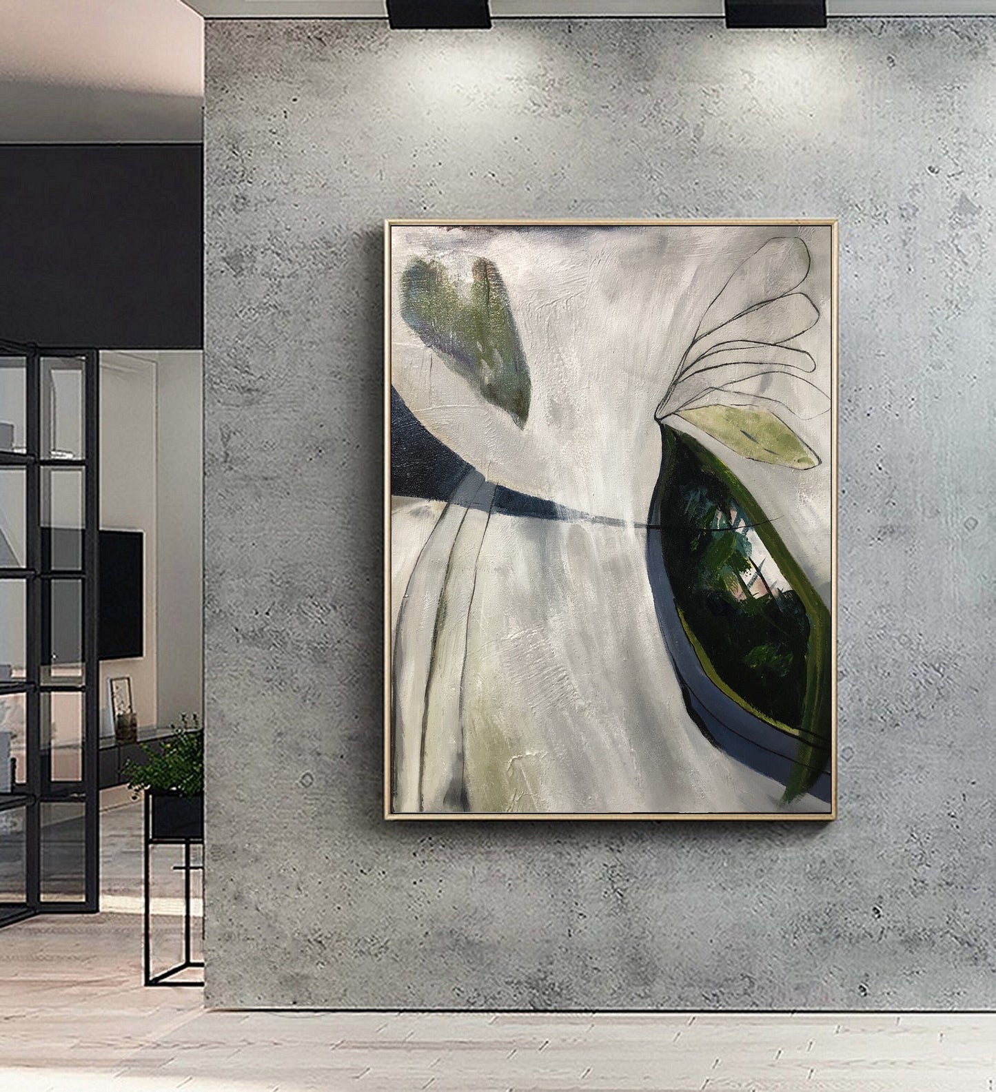 Large Minimalist Art Painting,Original Abstract Painting,Emerald Green Abstract Painting,Gray White Painting,Large Wall Canvas Painting