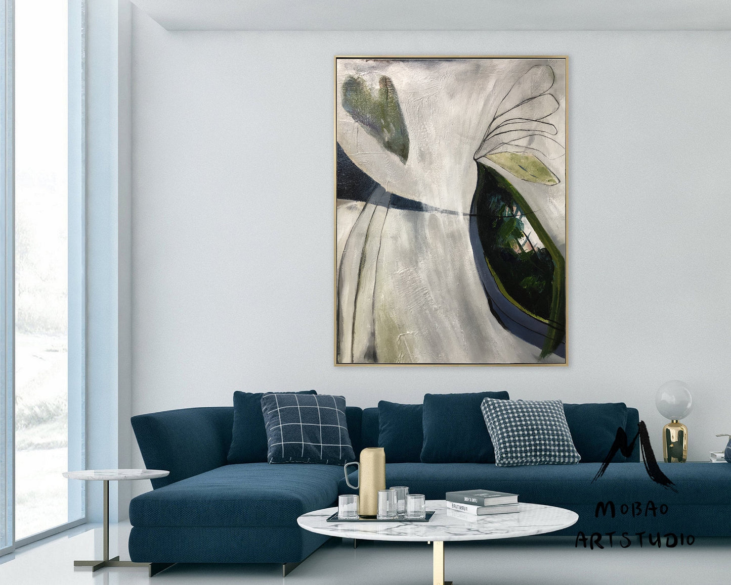 Large Minimalist Art Painting,Original Abstract Painting,Emerald Green Abstract Painting,Gray White Painting,Large Wall Canvas Painting