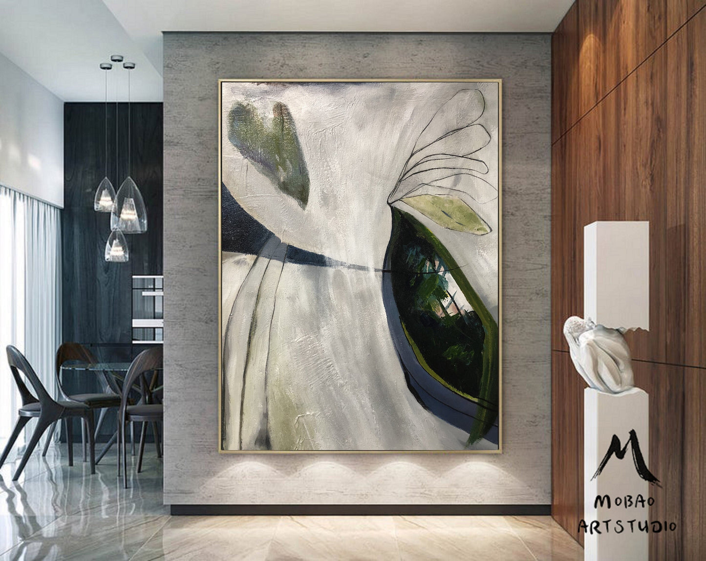 Large Minimalist Art Painting,Original Abstract Painting,Emerald Green Abstract Painting,Gray White Painting,Large Wall Canvas Painting