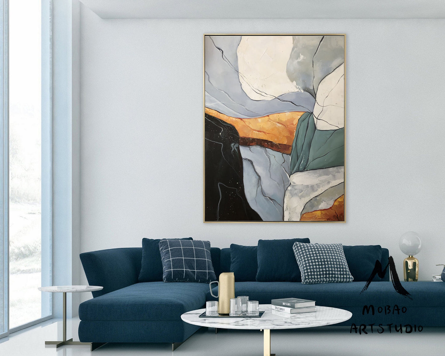 Large Original Abstract Painting, Gary Green Abstract Painting, Minimalist Abstract Painting, Gold Oil Painting, Large Living Room Sofa Art