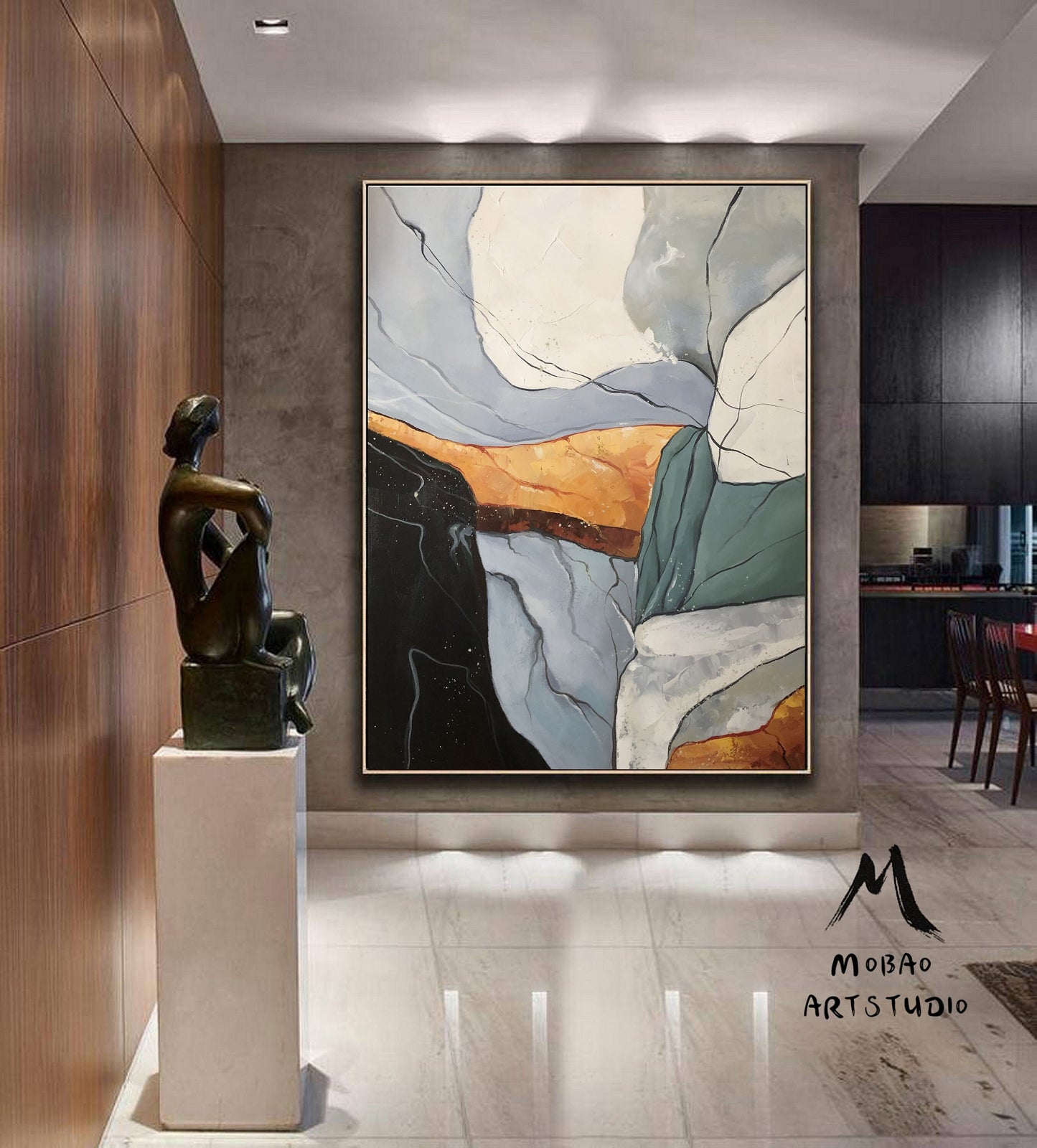 Large Original Abstract Painting, Gary Green Abstract Painting, Minimalist Abstract Painting, Gold Oil Painting, Large Living Room Sofa Art