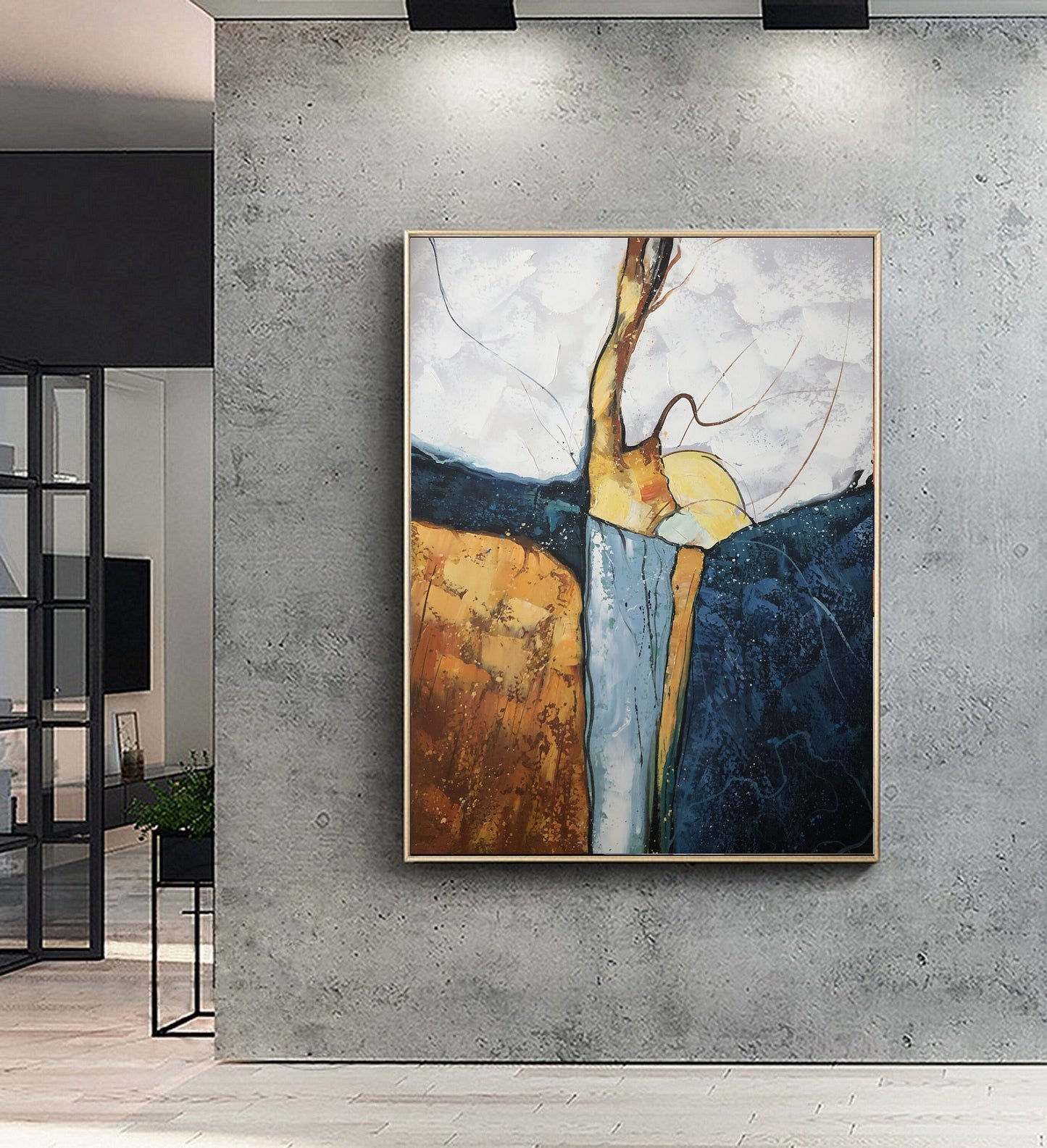 Large Abstract Painting,Dark Blue Painting Gold Painting, Minimalist Painting,Original Abstract Painting, Living Room Wall Art #Waterfall