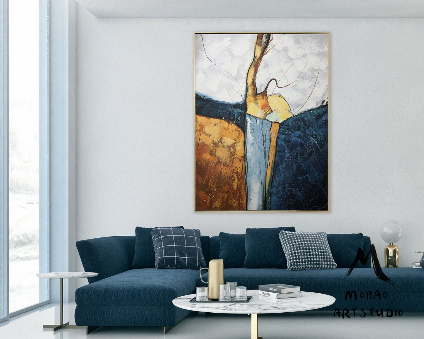 Large Abstract Painting,Dark Blue Painting Gold Painting, Minimalist Painting,Original Abstract Painting, Living Room Wall Art #Waterfall