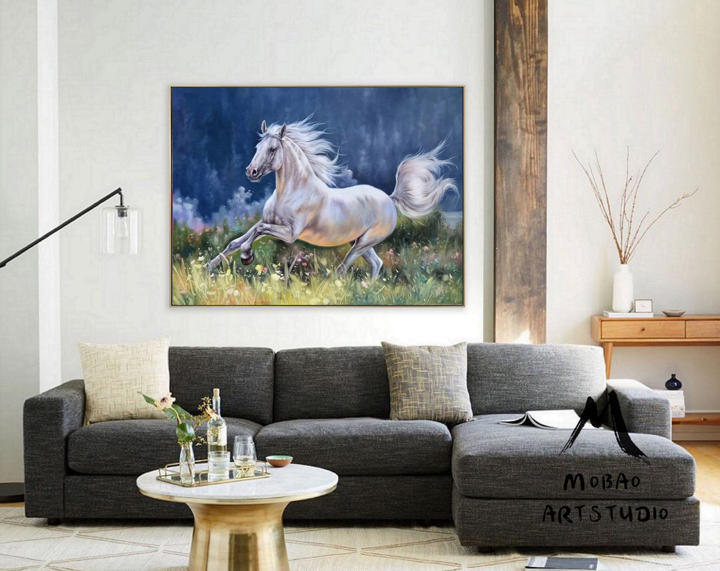 Large Canvas Art Horse Decor Horse Oil Painting White Horse Painting Large Oil Painting Horse Wall Art Large Wall Art Living Room Art #M5138