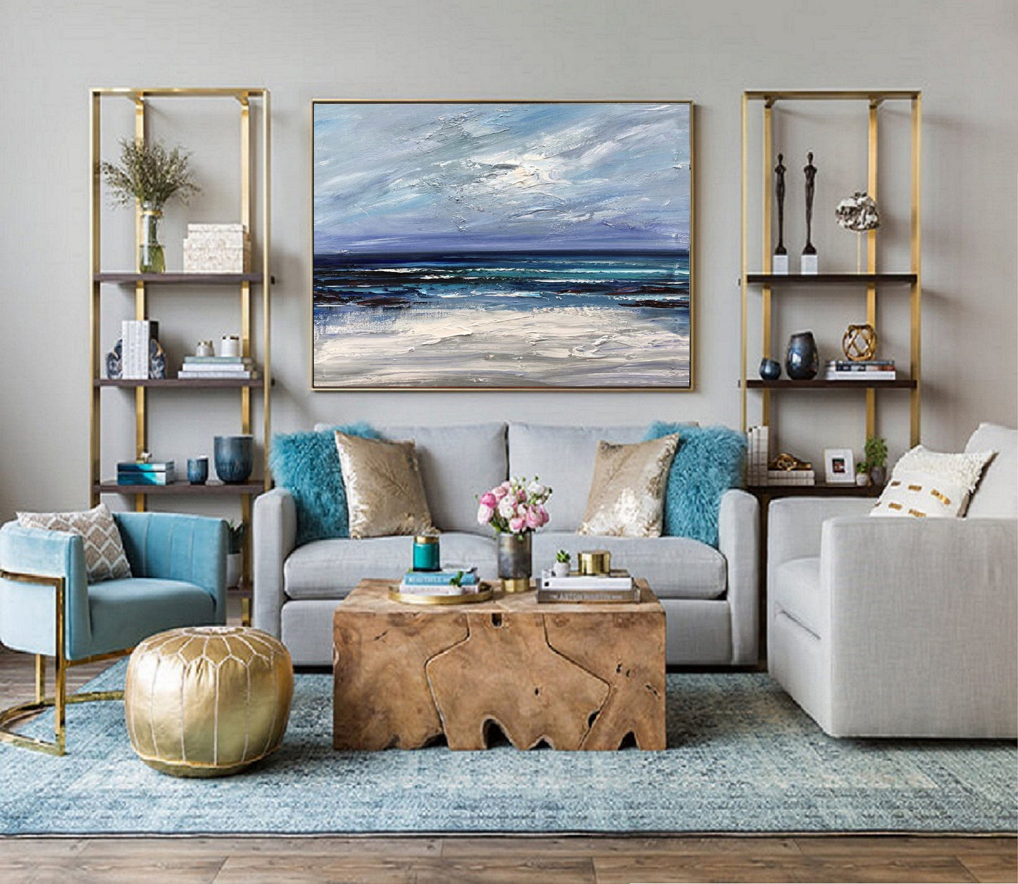 Large Blue Sea Abstract Art, Dark Blue Ocean Abstract Painting,Large Texture Abstract Canvas Oil Painting,Sky Abstract Landscape Painting