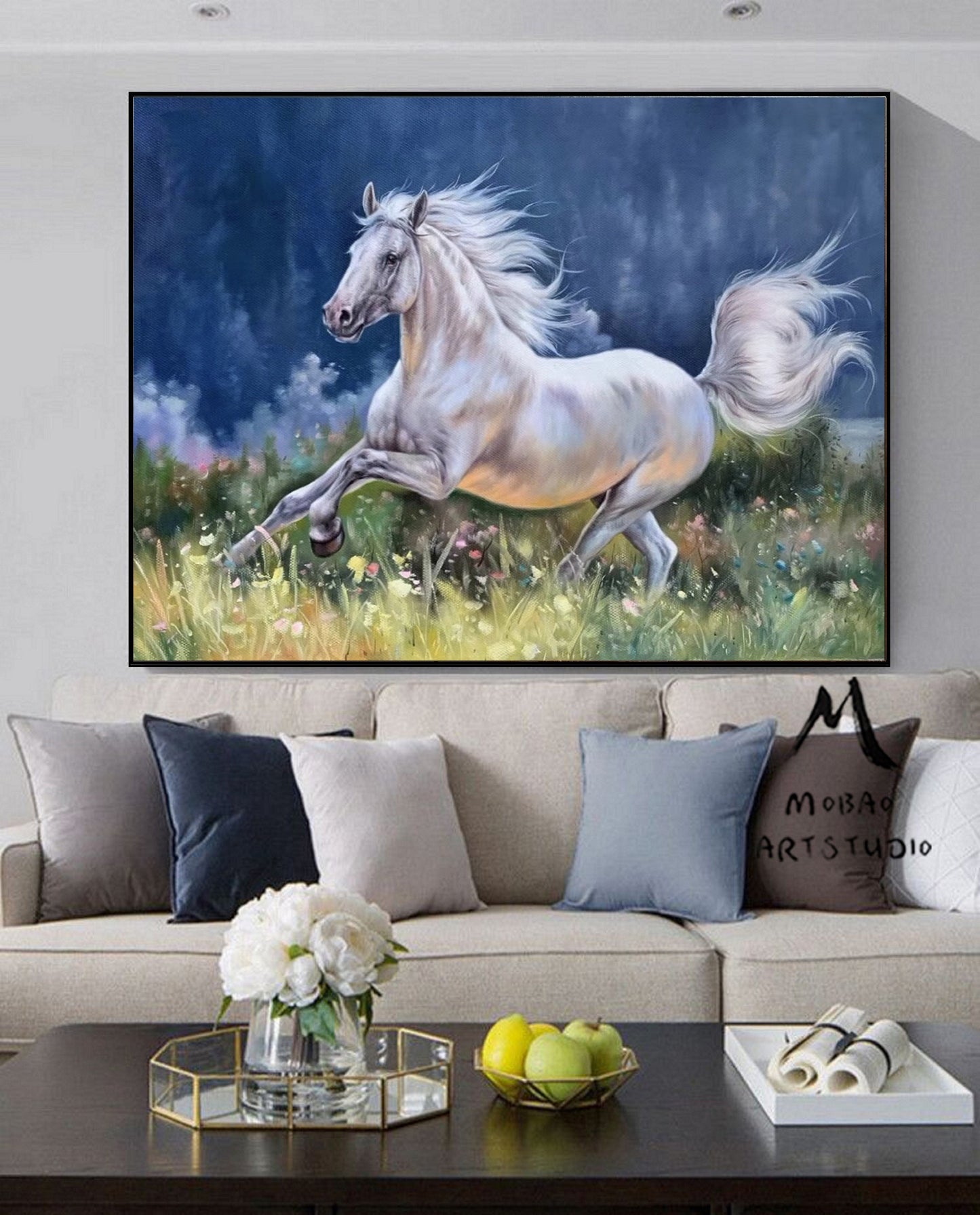 Large Canvas Art Horse Decor Horse Oil Painting White Horse Painting Large Oil Painting Horse Wall Art Large Wall Art Living Room Art #M5138