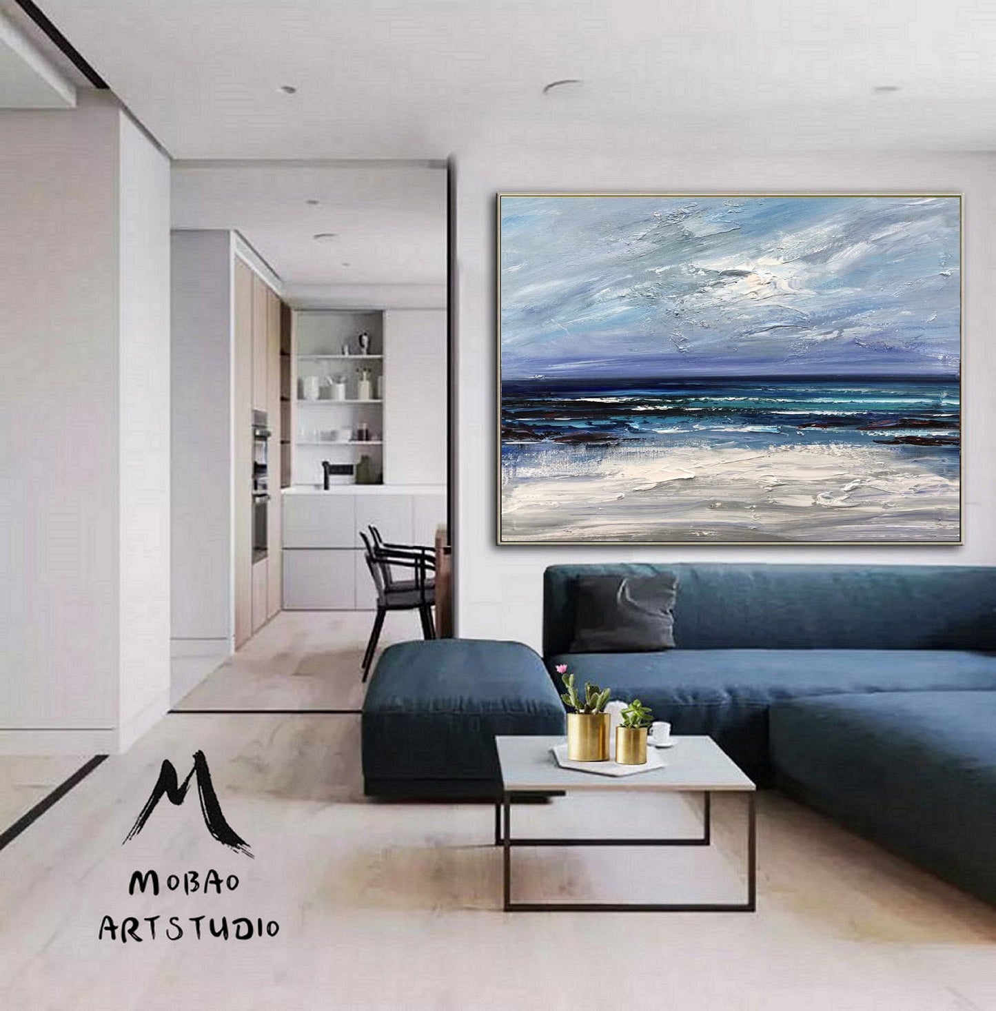Large Blue Sea Abstract Art, Dark Blue Ocean Abstract Painting,Large Texture Abstract Canvas Oil Painting,Sky Abstract Landscape Painting