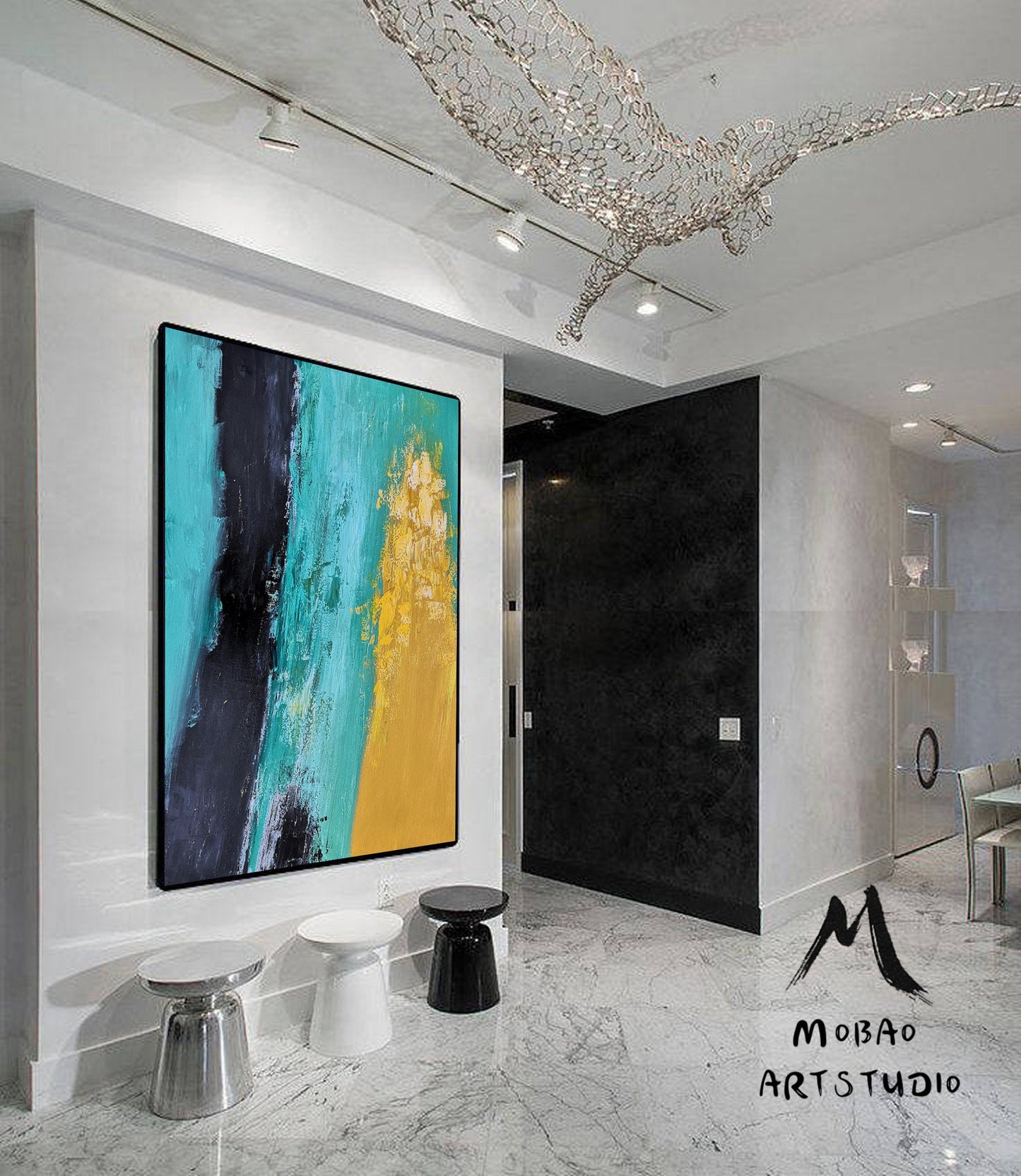 Large Green Texture Abstract Painting, Original Abstract Art on Canvas Painting,Black Abstract Painting Yellow Painting, Living Room Art