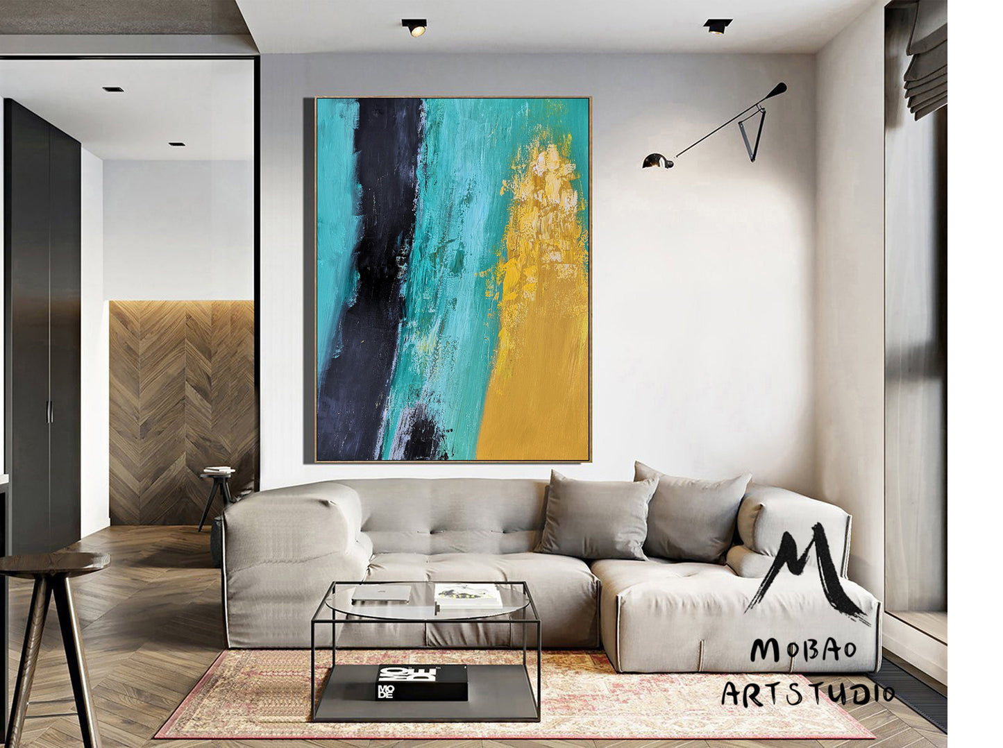Large Green Texture Abstract Painting, Original Abstract Art on Canvas Painting,Black Abstract Painting Yellow Painting, Living Room Art
