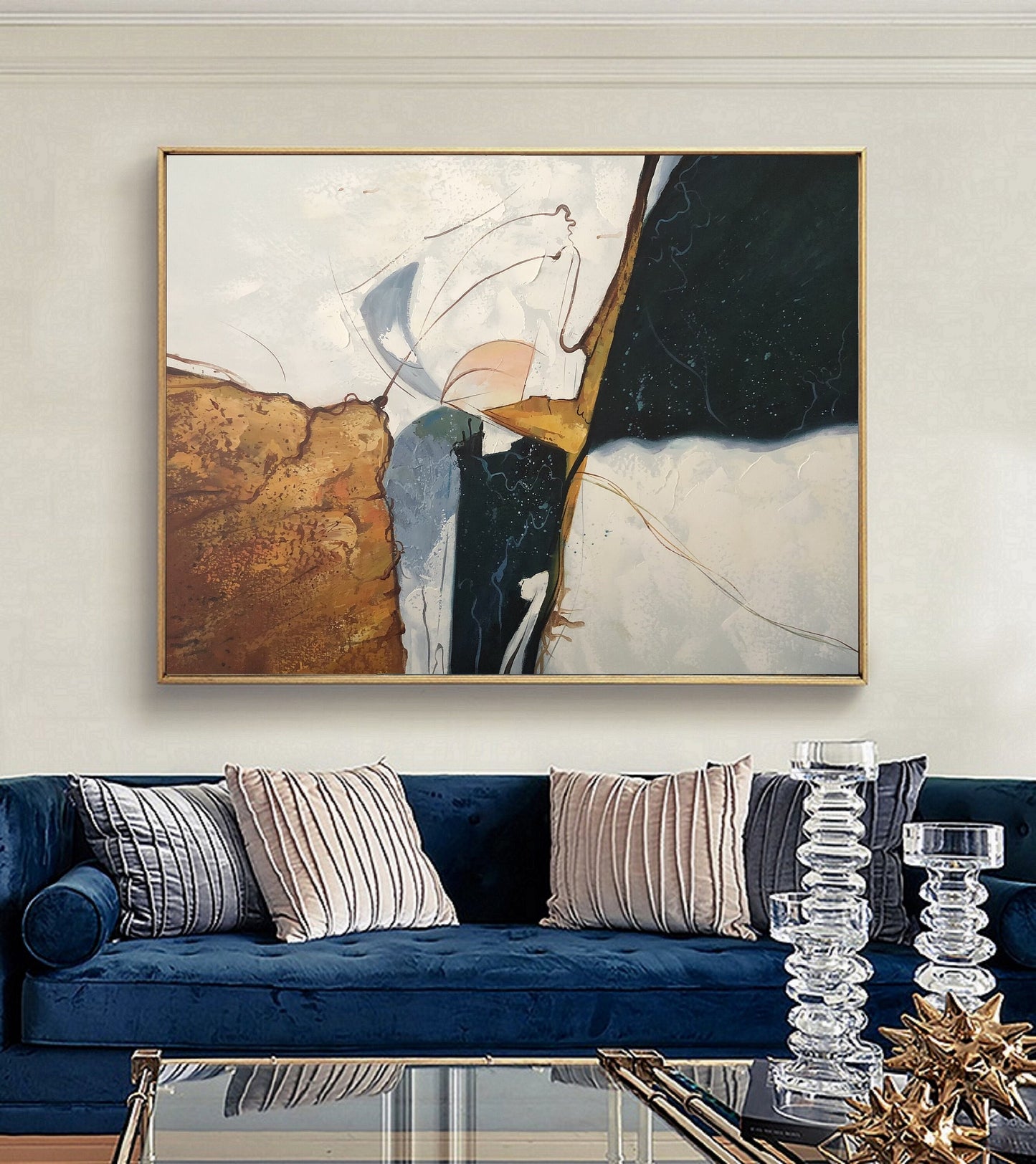 Large Gold Abstract Painting,Blue Painting Beige Painting,Original Minimalist Abstract Painting,Abstract Painting,Large Wall Canvas Painting