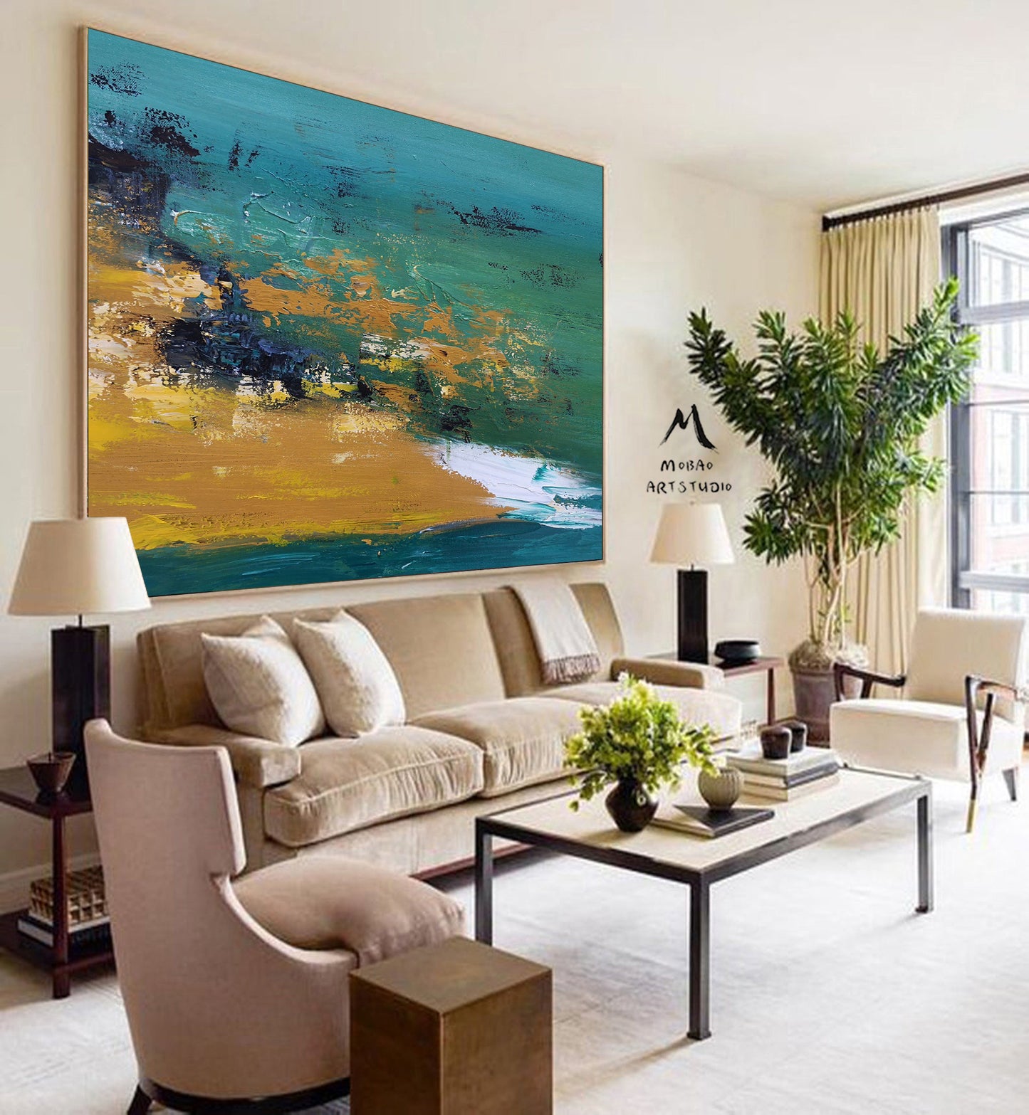 Original Green Abstract Painting, Large Texture Abstract Painting Modern Abstract Art Yellow Painting White Painting,Modern Living Room Art