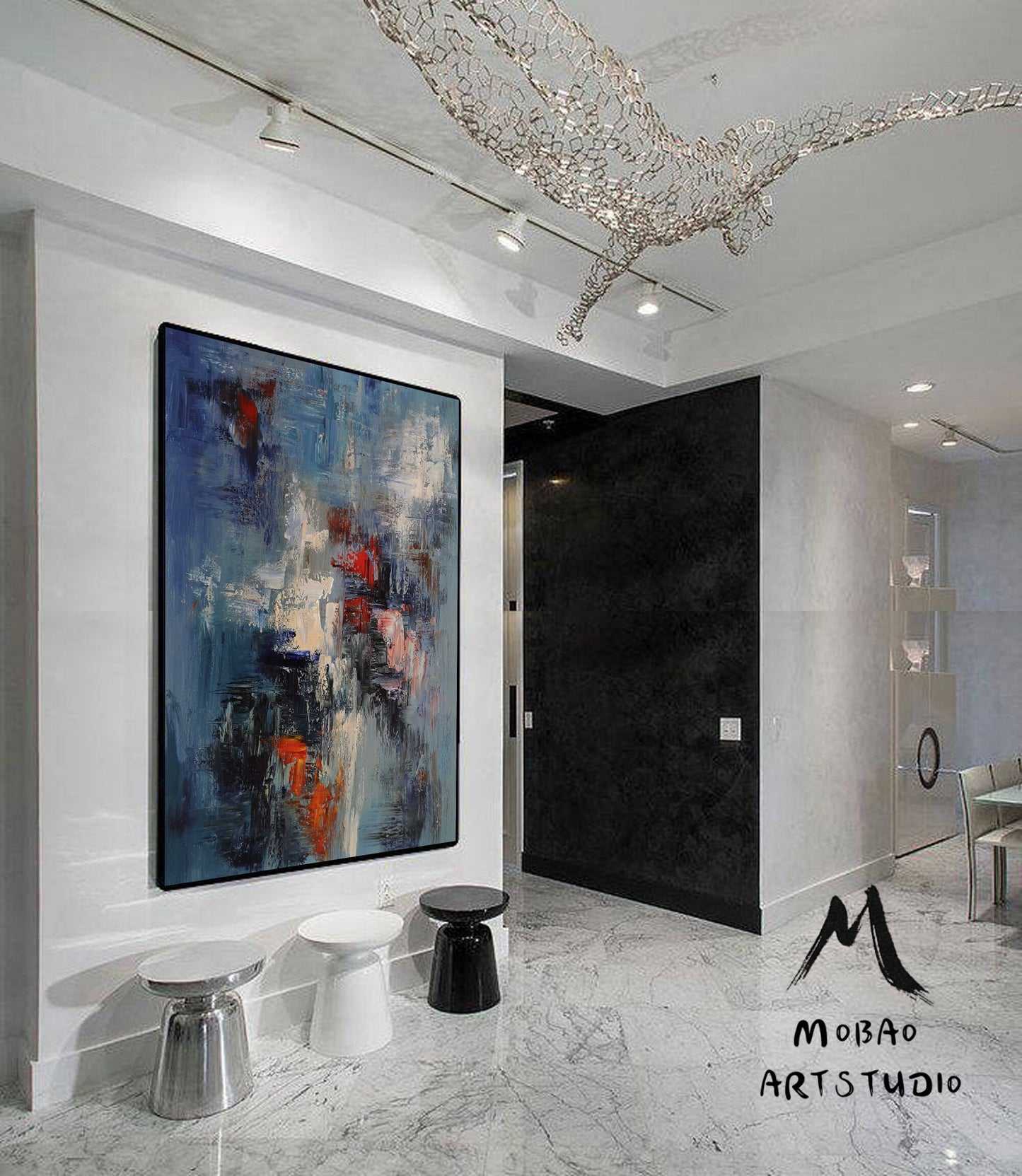Original Blue Abstract Painting, Large White Texture Abstract Painting,Large Modern Abstract Art,Black Abstract Painting ,Living Room Art