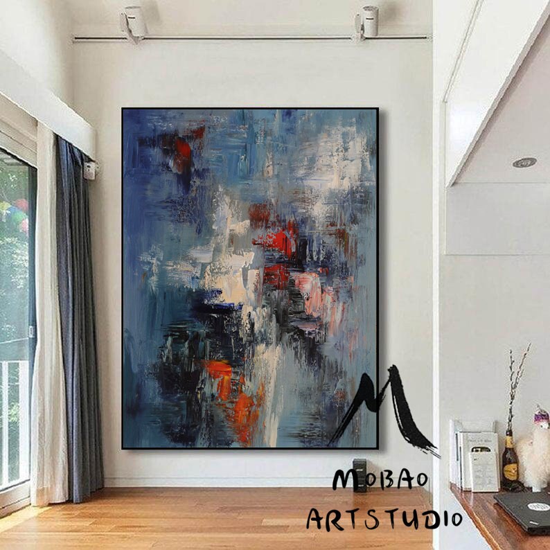 Original Blue Abstract Painting, Large White Texture Abstract Painting,Large Modern Abstract Art,Black Abstract Painting ,Living Room Art