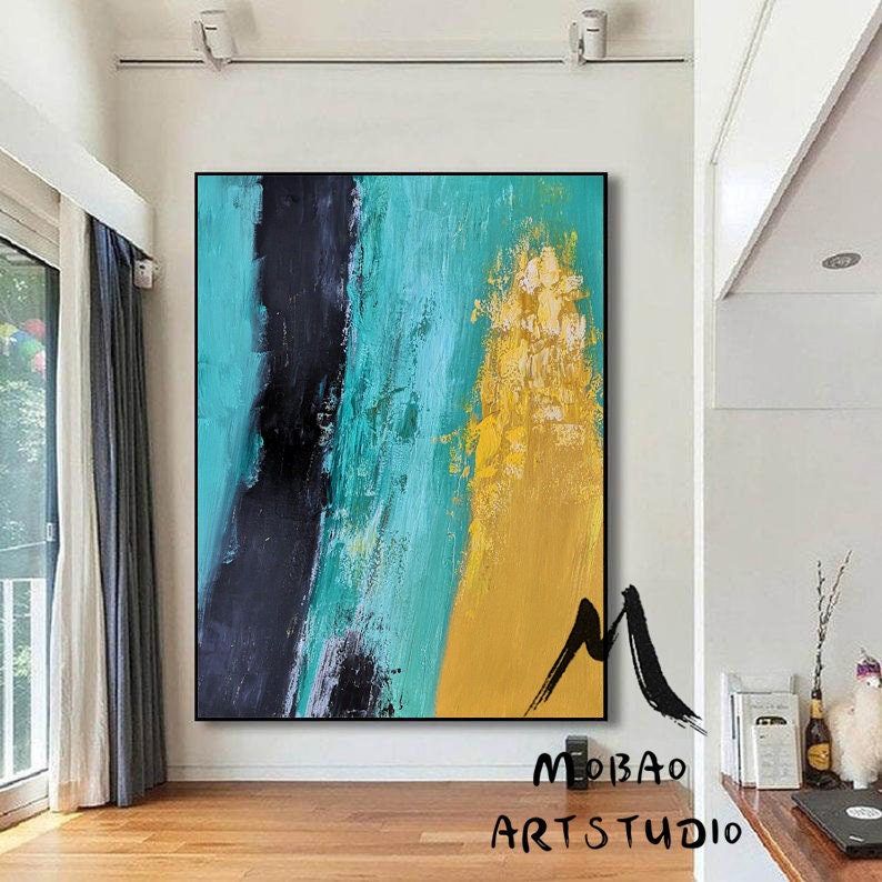 Large Green Texture Abstract Painting, Original Abstract Art on Canvas Painting,Black Abstract Painting Yellow Painting, Living Room Art