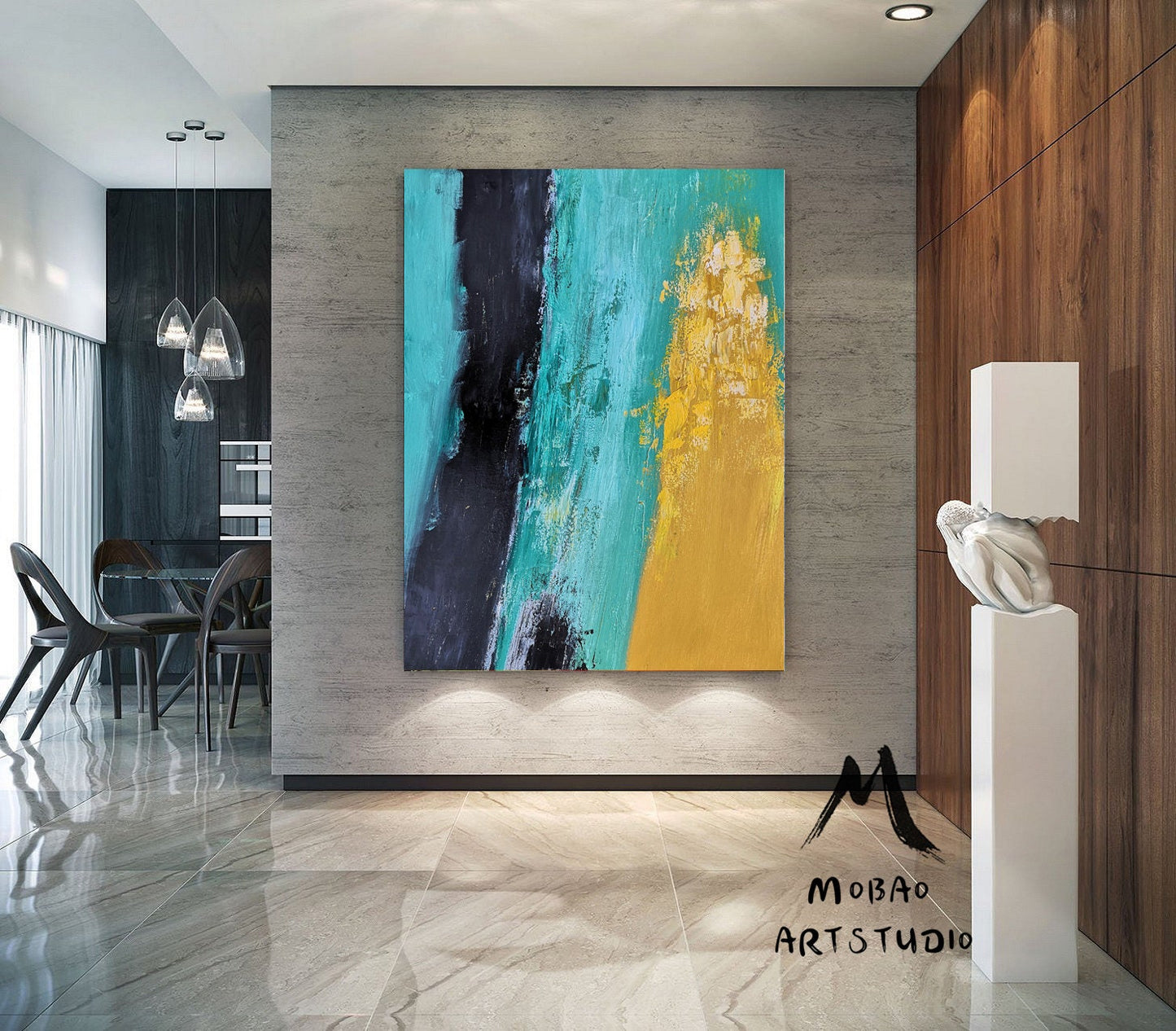Large Green Texture Abstract Painting, Original Abstract Art on Canvas Painting,Black Abstract Painting Yellow Painting, Living Room Art