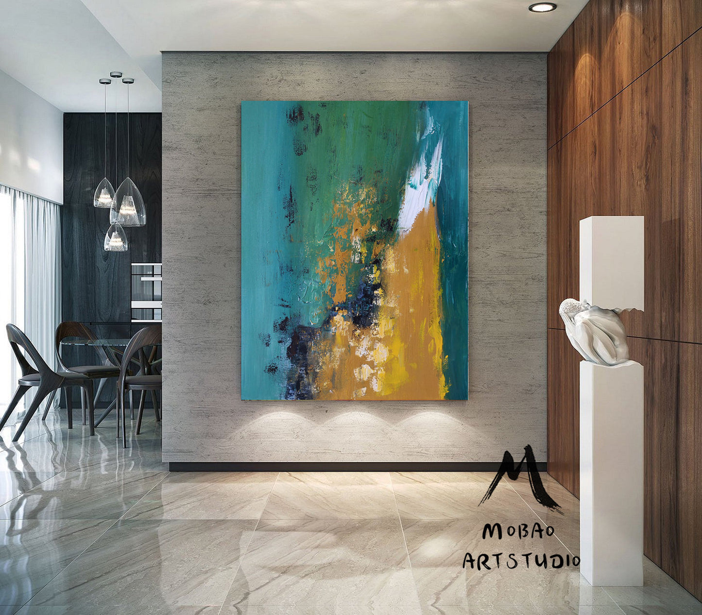 Large Green Abstract Painting, Large Yellow Texture Abstract Painting, Original Modern Abstract Art, Yellow Painting,Large Living Room Art