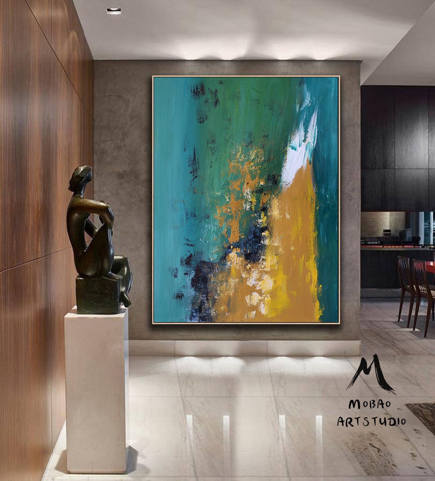 Large Green Abstract Painting, Large Yellow Texture Abstract Painting, Original Modern Abstract Art, Yellow Painting,Large Living Room Art