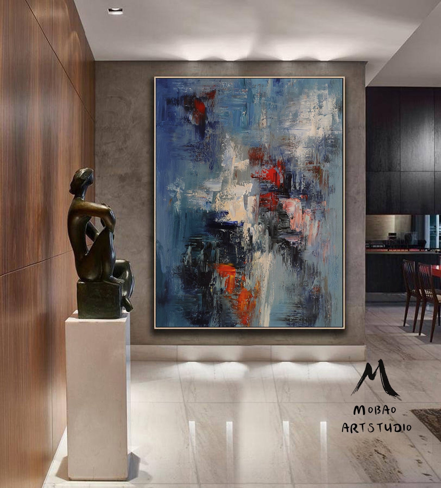 Original Blue Abstract Painting, Large White Texture Abstract Painting,Large Modern Abstract Art,Black Abstract Painting ,Living Room Art