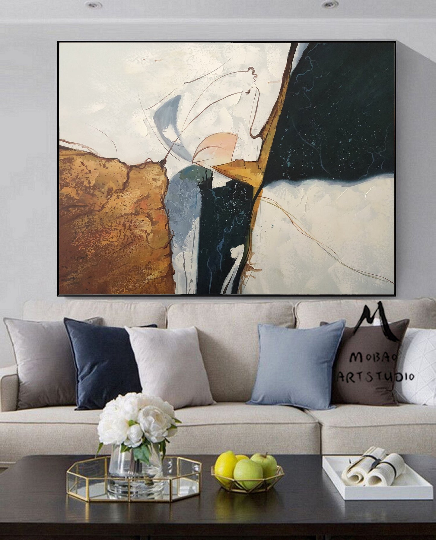 Large Gold Abstract Painting,Blue Painting Beige Painting,Original Minimalist Abstract Painting,Abstract Painting,Large Wall Canvas Painting