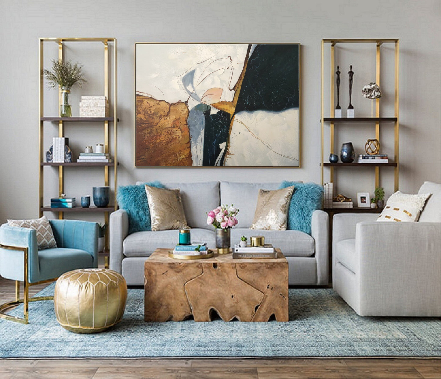 Large Gold Abstract Painting,Blue Painting Beige Painting,Original Minimalist Abstract Painting,Abstract Painting,Large Wall Canvas Painting