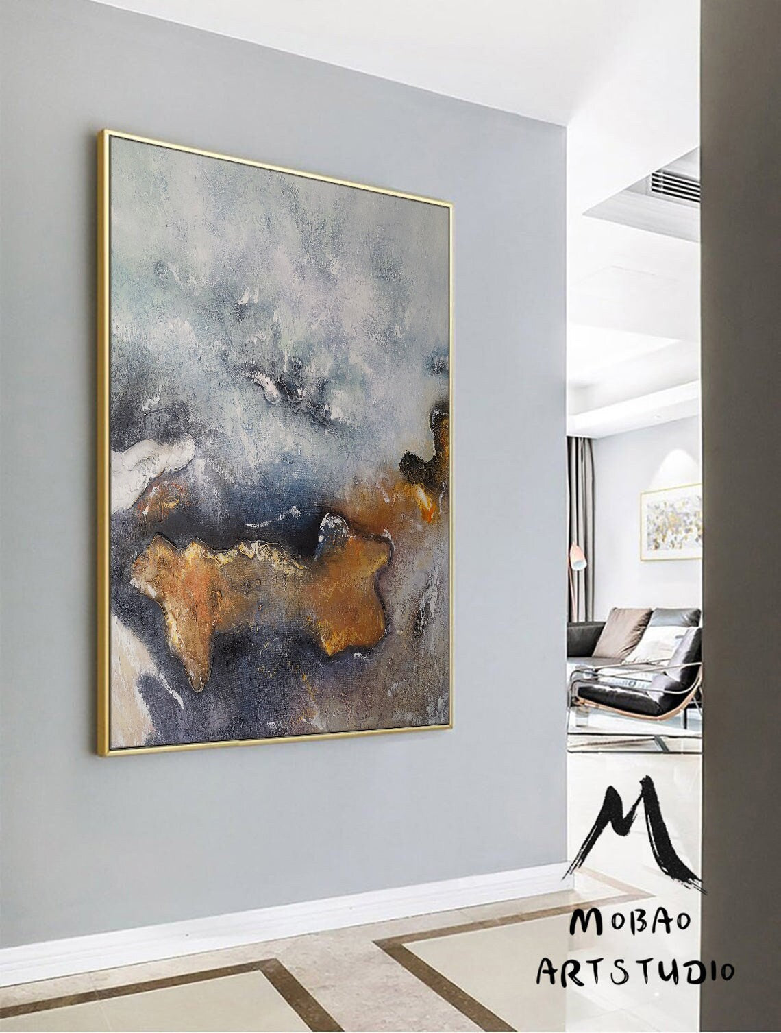 Large Minimalist Abstract Painting,Large Texture Abstract Painting,Gold Abstract Painting,Gray Abstract Painting,Large Wall Canvas Painting