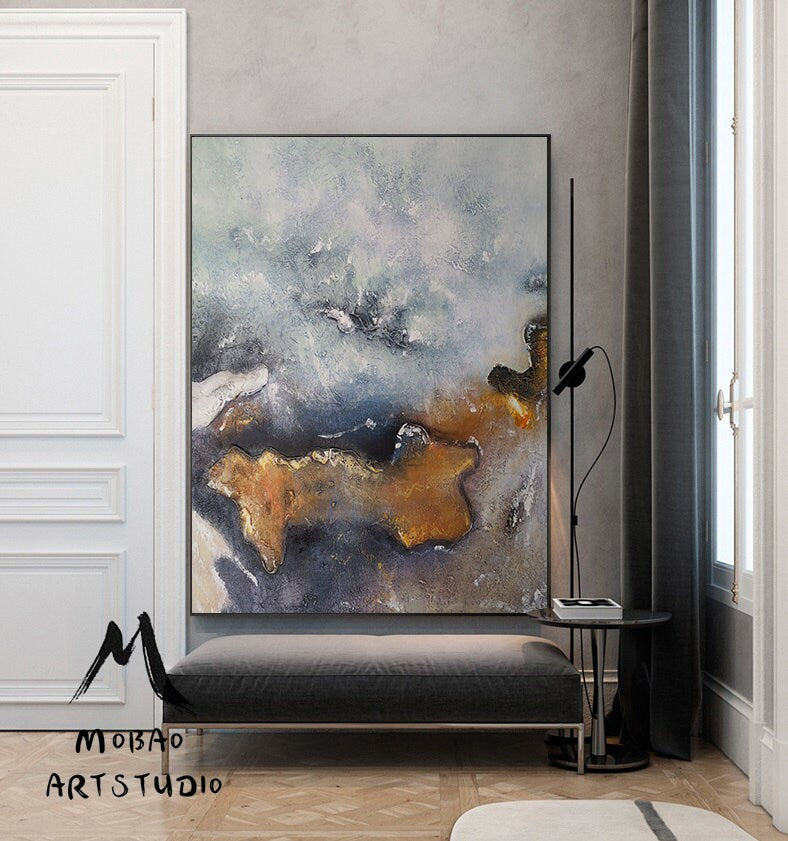 Large Minimalist Abstract Painting,Large Texture Abstract Painting,Gold Abstract Painting,Gray Abstract Painting,Large Wall Canvas Painting