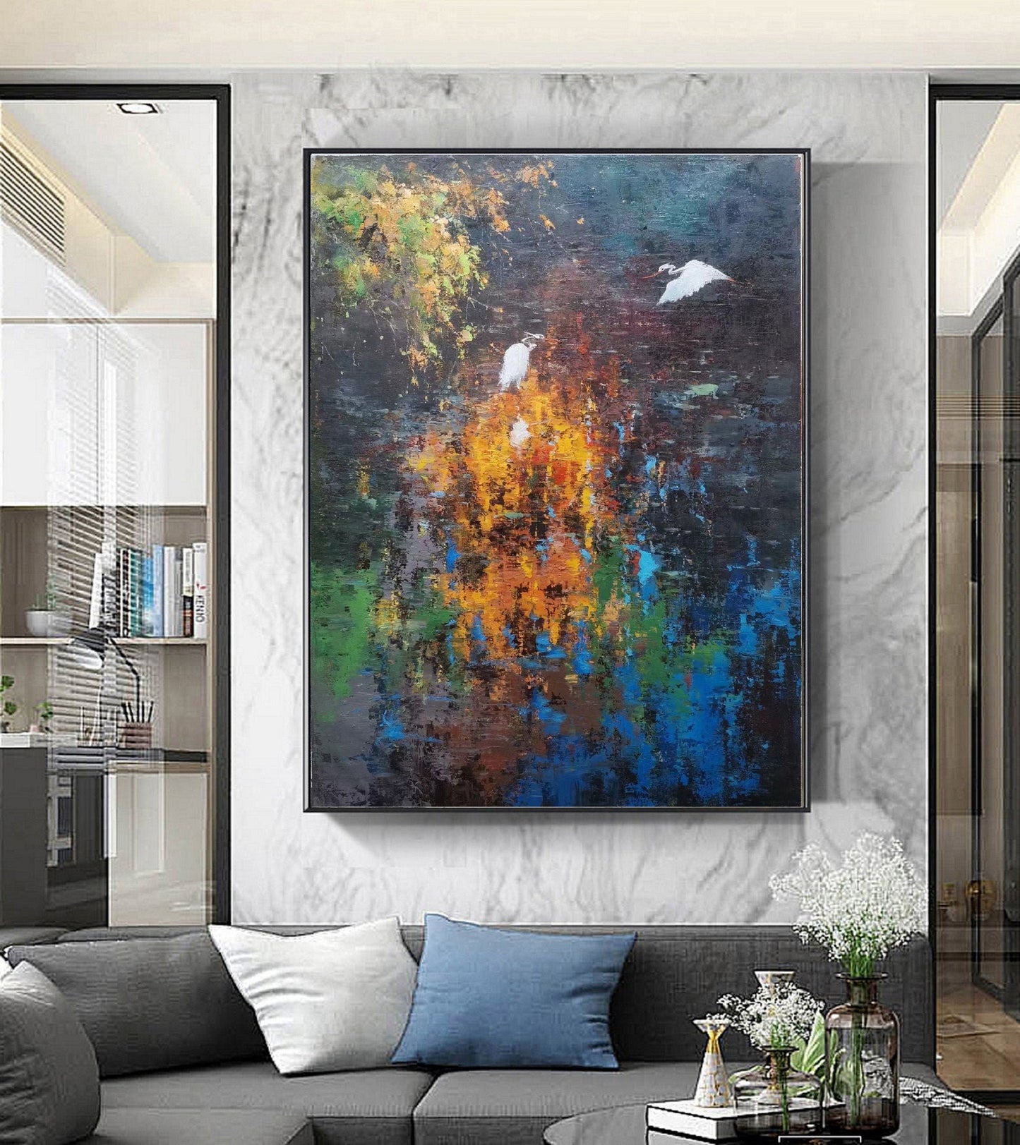 Large Blue abstract painting,Large Orange landscape painting on Canvas,Birds oil painting,Original Brown landscape painting,Living room art