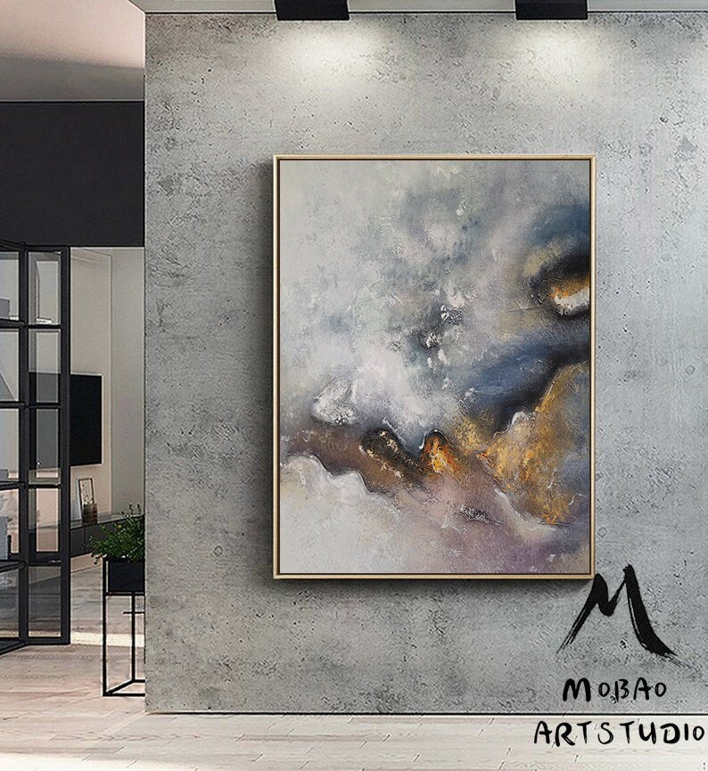Large Gold Minimalist Abstract Painting, Texture Abstract Painting,Gold Abstract Painting,Gray Abstract Painting,Large Wall Canvas Painting