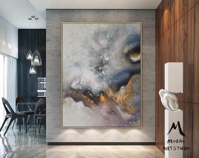 Large Gold Minimalist Abstract Painting, Texture Abstract Painting,Gold Abstract Painting,Gray Abstract Painting,Large Wall Canvas Painting