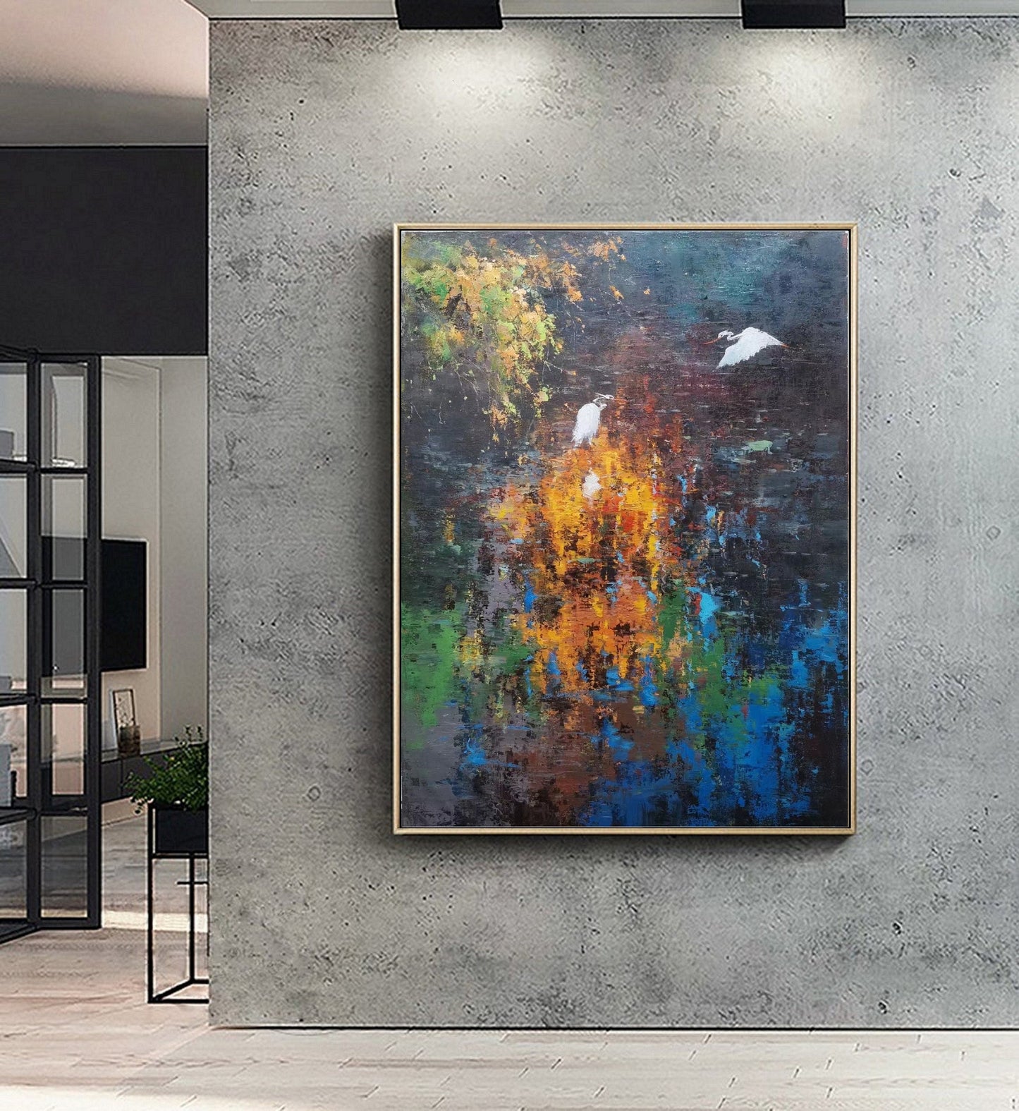 Large Blue abstract painting,Large Orange landscape painting on Canvas,Birds oil painting,Original Brown landscape painting,Living room art