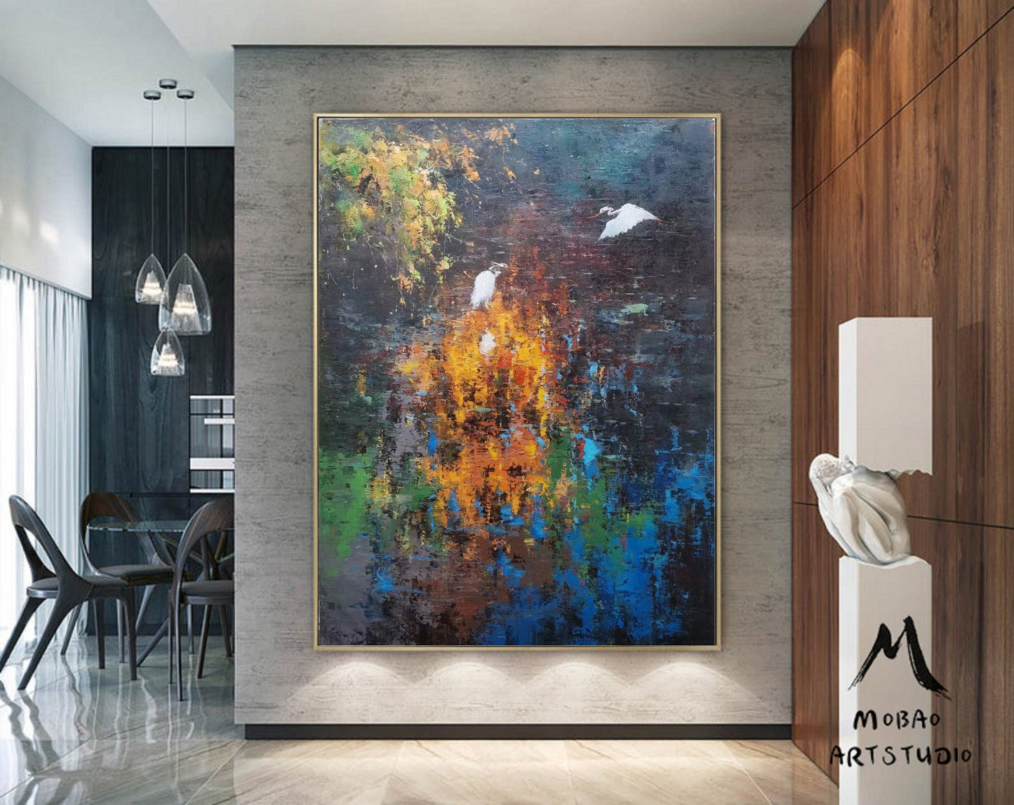 Large Blue abstract painting,Large Orange landscape painting on Canvas,Birds oil painting,Original Brown landscape painting,Living room art