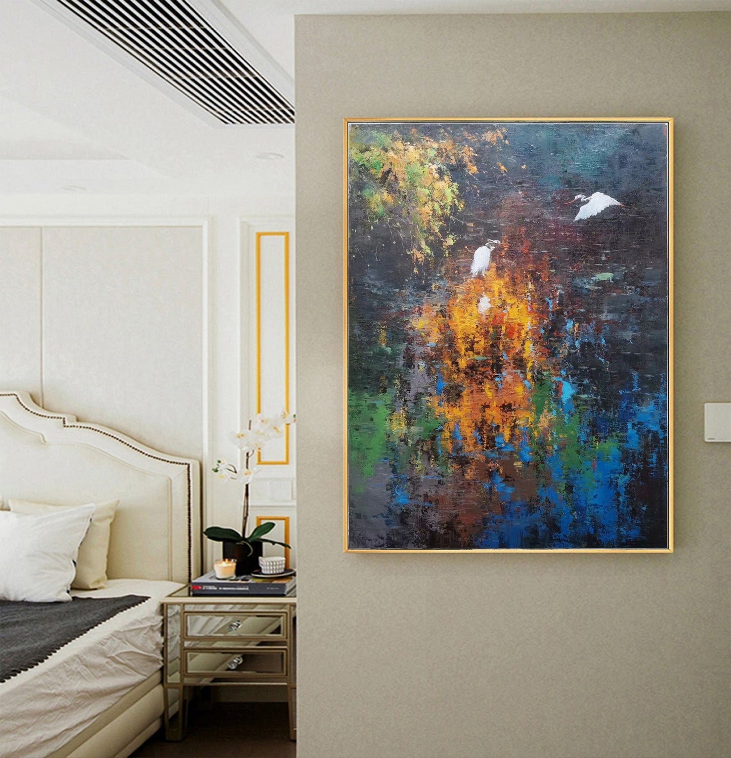 Large Blue abstract painting,Large Orange landscape painting on Canvas,Birds oil painting,Original Brown landscape painting,Living room art