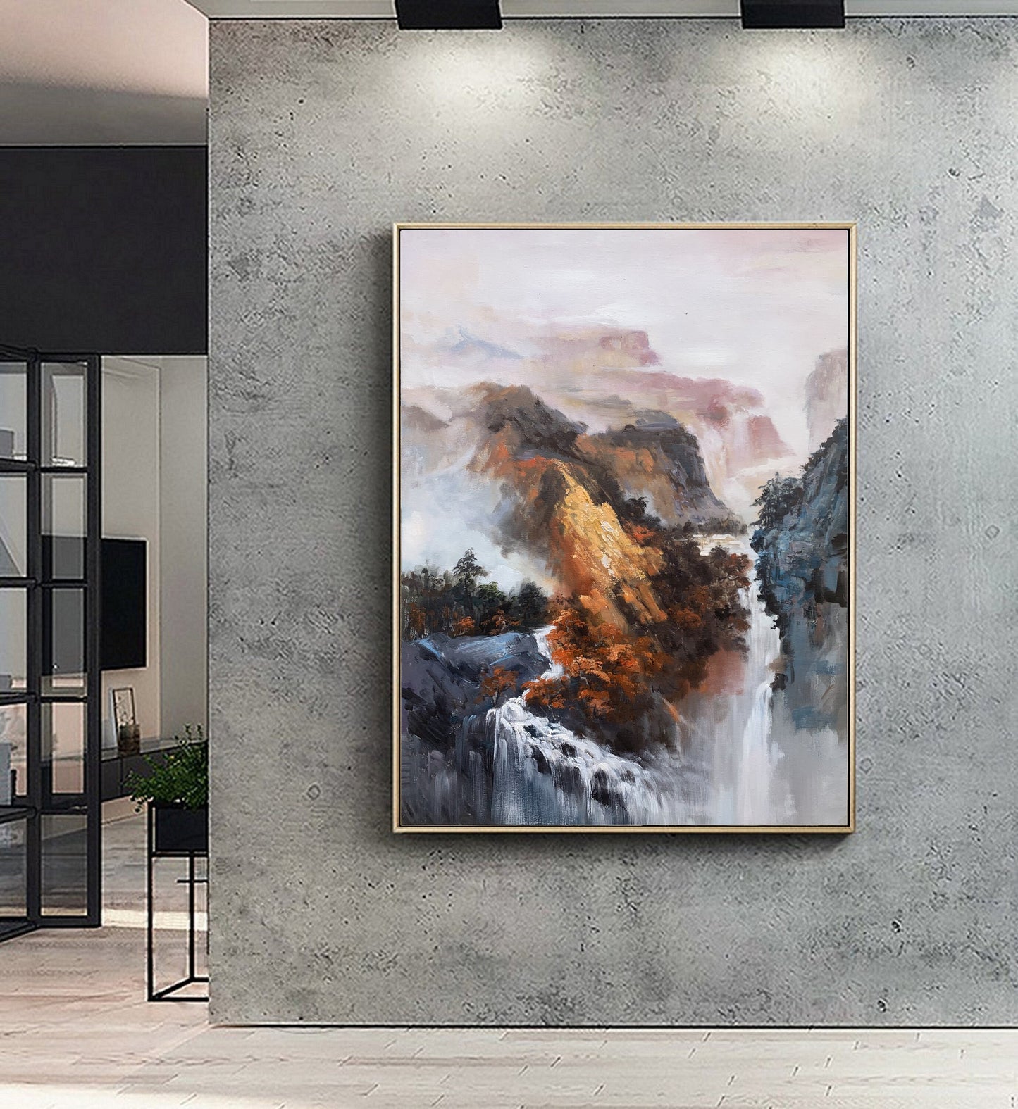 Large Waterfall Landscape Painting, Original Mountain Landscape Painting on Canvas, Orange Landscape Abstract Painting, Living Room Art