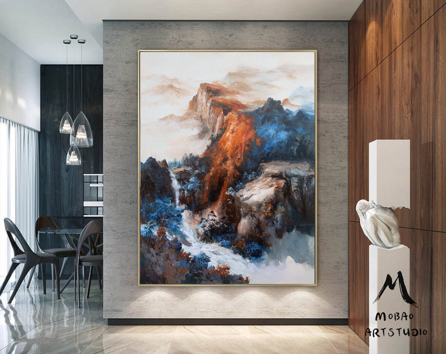 Large Blue Landscape Abstract Painting,Waterfall Landscape Painting,Original Mountain Landscape Painting on Canvas, Living Room Art Painting