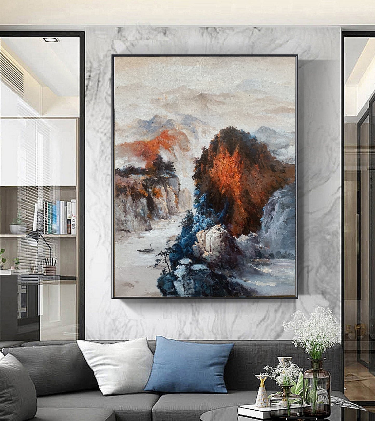 Large Waterfall Landscape Painting,Orange Landscape Abstract Painting,Original Mountain Landscape Painting on Canvas,Sofa wall art painting