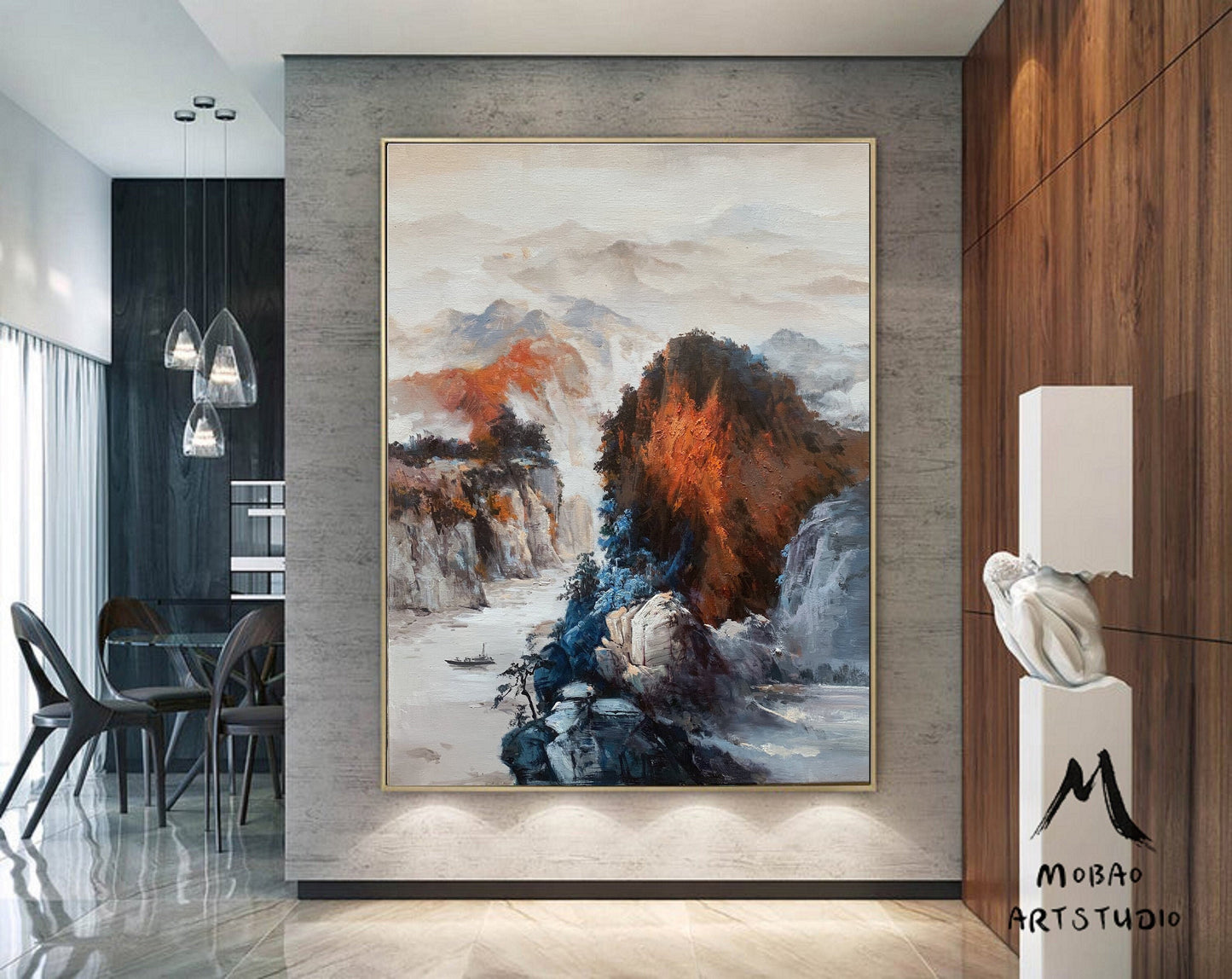 Large Waterfall Landscape Painting,Orange Landscape Abstract Painting,Original Mountain Landscape Painting on Canvas,Sofa wall art painting