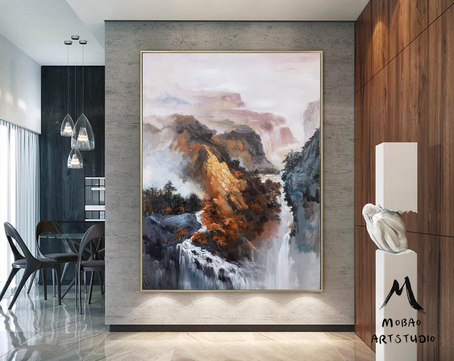 Large Waterfall Landscape Painting, Original Mountain Landscape Painting on Canvas, Orange Landscape Abstract Painting, Living Room Art
