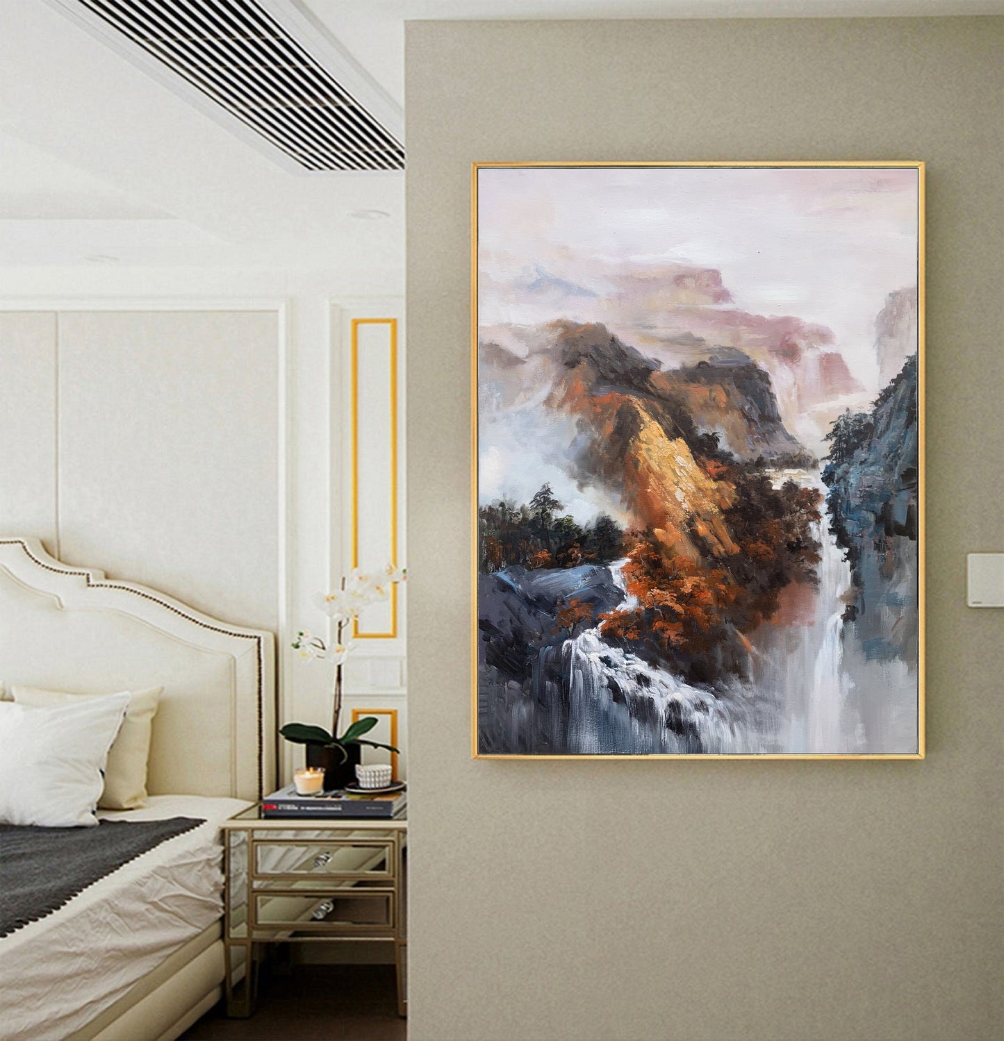 Large Waterfall Landscape Painting, Original Mountain Landscape Painting on Canvas, Orange Landscape Abstract Painting, Living Room Art