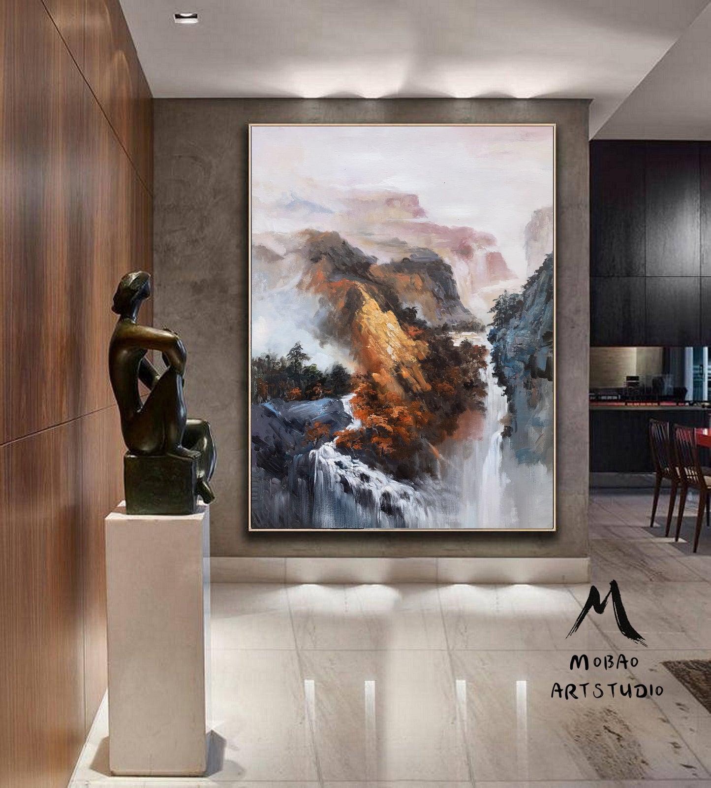 Large Waterfall Landscape Painting, Original Mountain Landscape Painting on Canvas, Orange Landscape Abstract Painting, Living Room Art