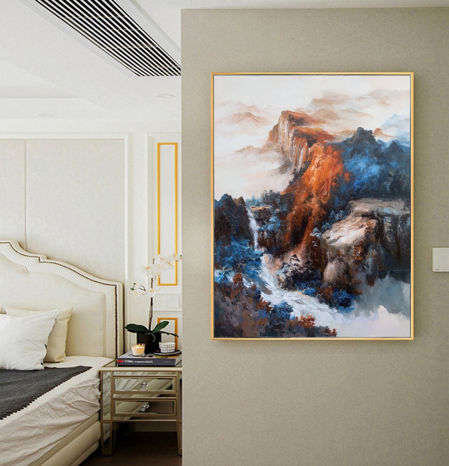 Large Blue Landscape Abstract Painting,Waterfall Landscape Painting,Original Mountain Landscape Painting on Canvas, Living Room Art Painting