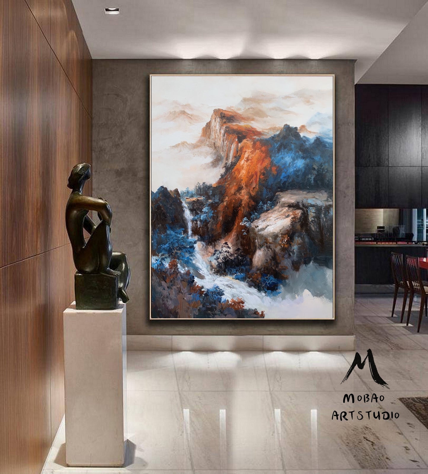 Large Blue Landscape Abstract Painting,Waterfall Landscape Painting,Original Mountain Landscape Painting on Canvas, Living Room Art Painting