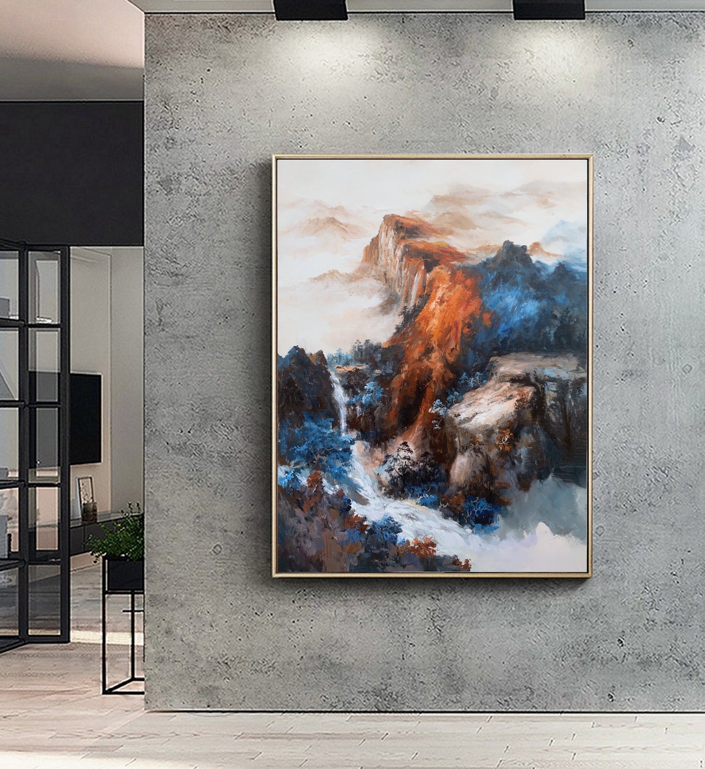 Large Blue Landscape Abstract Painting,Waterfall Landscape Painting,Original Mountain Landscape Painting on Canvas, Living Room Art Painting