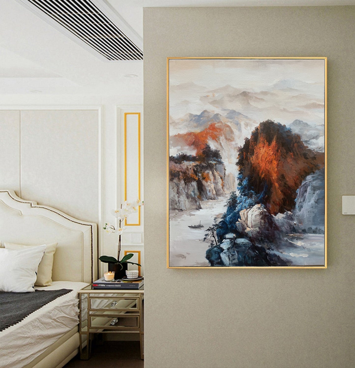 Large Waterfall Landscape Painting,Orange Landscape Abstract Painting,Original Mountain Landscape Painting on Canvas,Sofa wall art painting