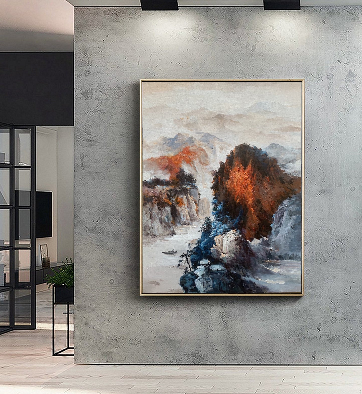 Large Waterfall Landscape Painting,Orange Landscape Abstract Painting,Original Mountain Landscape Painting on Canvas,Sofa wall art painting